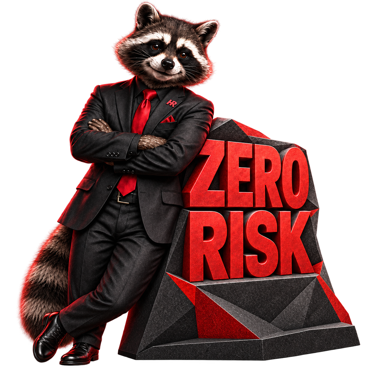 HUNTRIOT raccoon beside the words Zero Risk